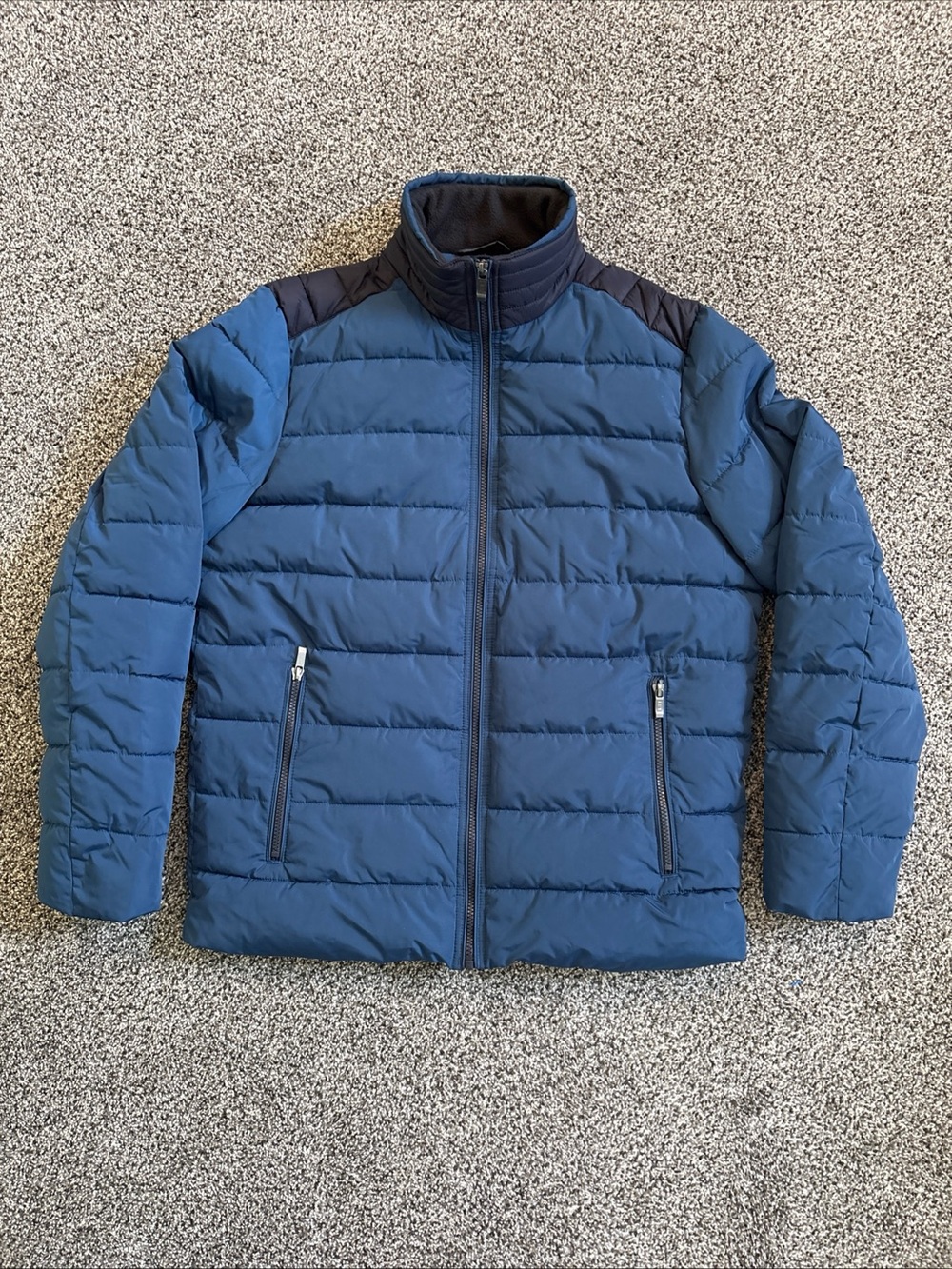 Weatherproof Full Zip Puffer Jacket Mens Medium Blue Fleece Lined Collar